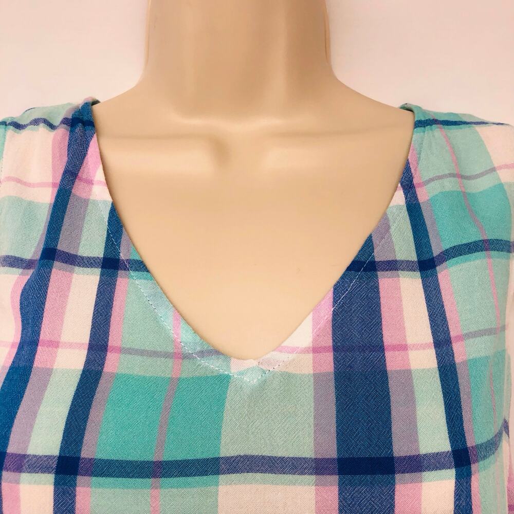 a.n.a. Blue White Pink Plaid Sleeveless Top Ruffled Trim Hem - Picture 5 of 16